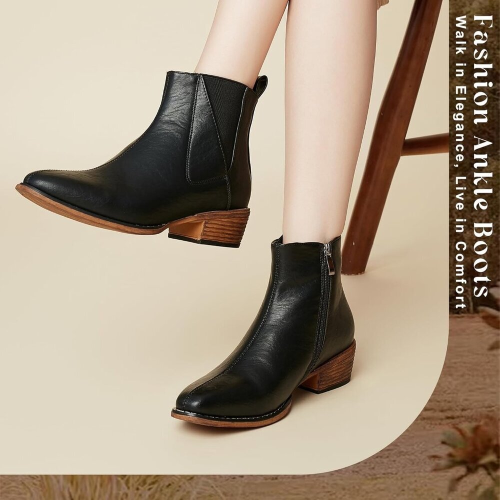 Women's Black Ankle Boots Mid-height Heels Chelsea Zipper Dressy Booties - Picture 7 of 7